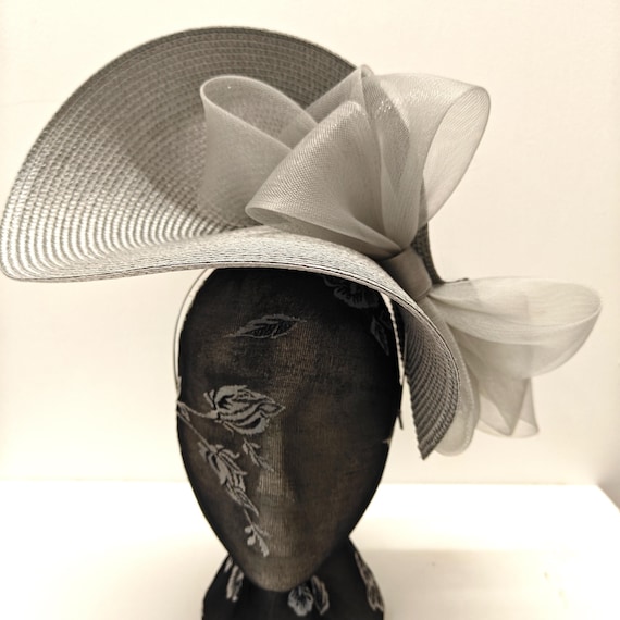 silver grey straw crinoline bow fascinator millinery burlesque wedding hat on headband ascot party race cosplay