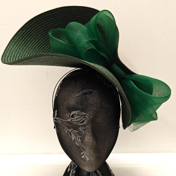 dark green large straw crinoline bow fascinator millinery burlesque wedding hat on headband ascot party race cosplay