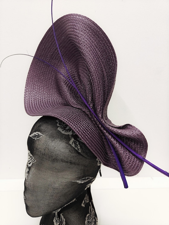 dark purple large straw fascinator millinery burlesque wedding hat on headband ascot party race cosplay handmade unique design