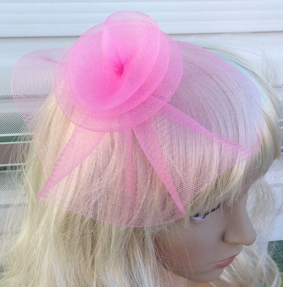 pink crin flower netting fascinator millinery burlesque hair clip brooch hen party bridal ascot race fancy dress british