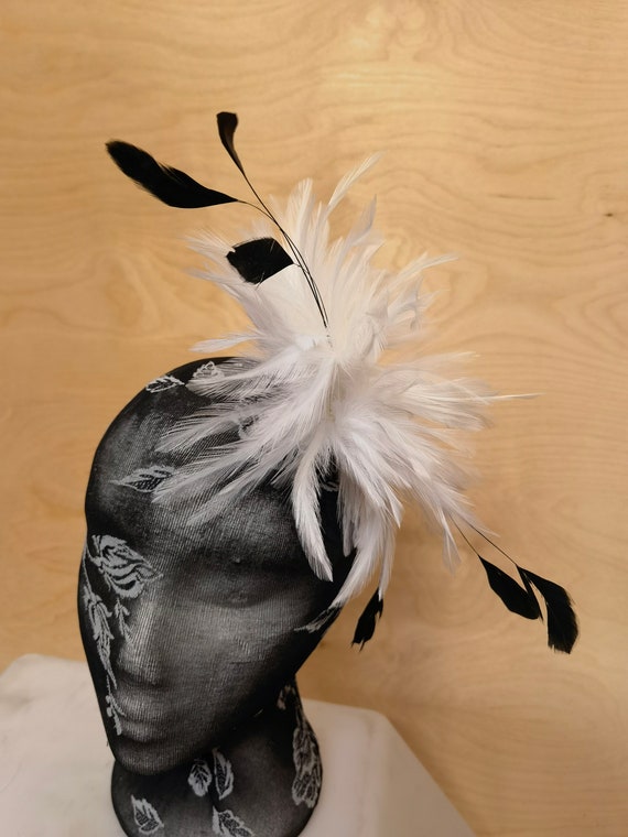 white black feather fascinator millinery burlesque hair clip brooch hen party bridal ascot race fancy dress british