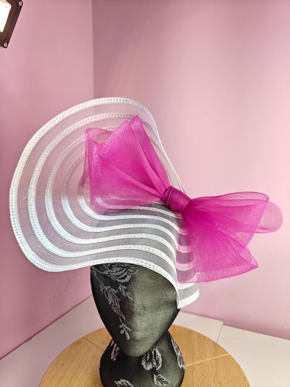 white pink straw crinoline bow fascinator millinery burlesque wedding hat headband royal ascot party house race cosplay Kentucky derby