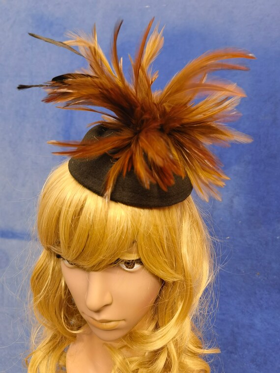 Brown black feather black pill box hat fascinator millinery burlesque hair clip hen party bridal ascot race fancy dress British