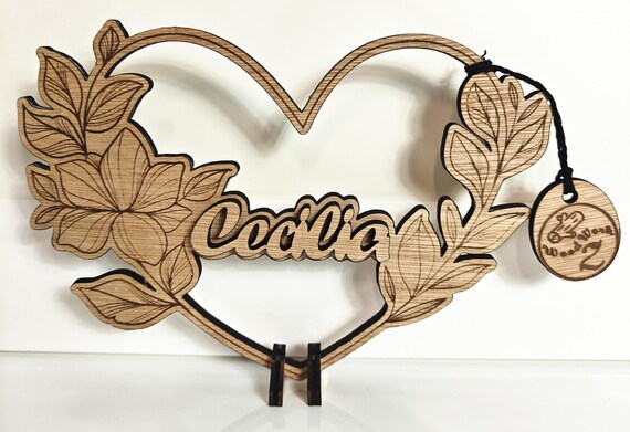 Personalised bespoke laser cut engrave wood name word desk table stand free standing wall door plaque birthday card sign logo design service