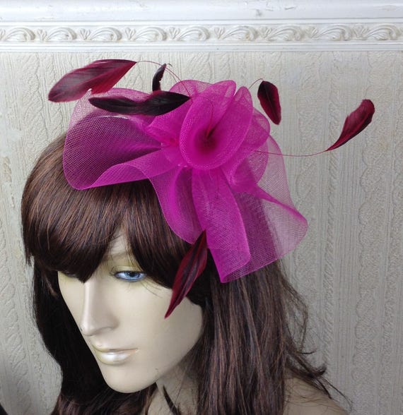 hot pink feather fascinator millinery burlesque headband wedding hat hair piece