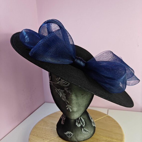 black navy blue large fascinator millinery burlesque wedding hat headband party race cosplay handmade Kentucky Derby Royal Ascot