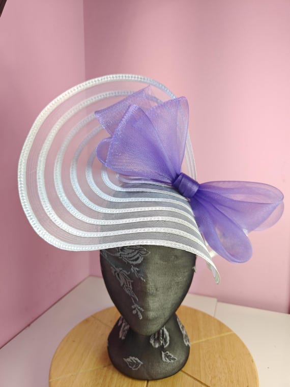 white purple straw crinoline bow fascinator millinery burlesque wedding hat headband royal ascot party house race cosplay Kentucky derby