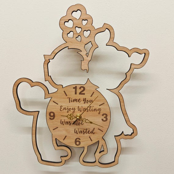 custom made personalised bespoke wood wooden laser cut engraved boy girl kissing wall clock name word letter message birthday wedding gift