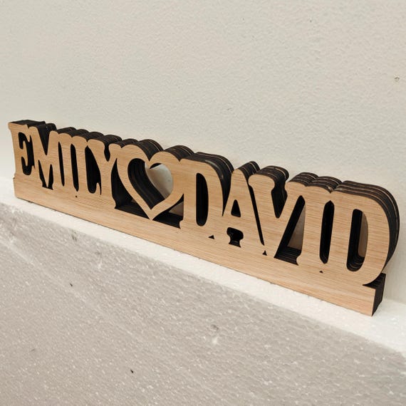 Personalised bespoke love heart laser cut engraved wood name word desk table stand free standing wall door plaque sign logo design service