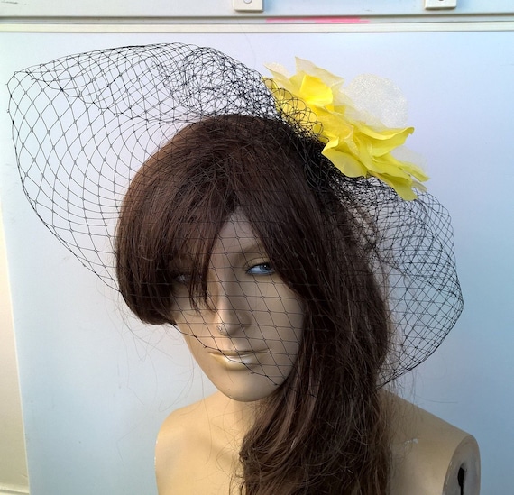 yellow satin flower black french veil veiling fascinator millinery burlesque hair clip hen party bridal ascot race fancy dress british