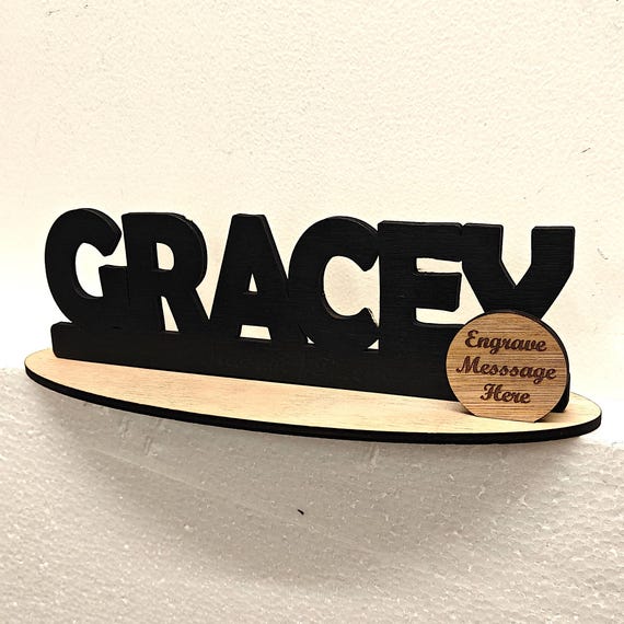 Black personalised custom made laser cut engraved wood wooden letter name word number desk table stand plaque sign logo design office home