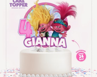 Cake topper with Poppy and Viva custom name and age design digital, Trolls band together movie cake topper birthday girl decoration