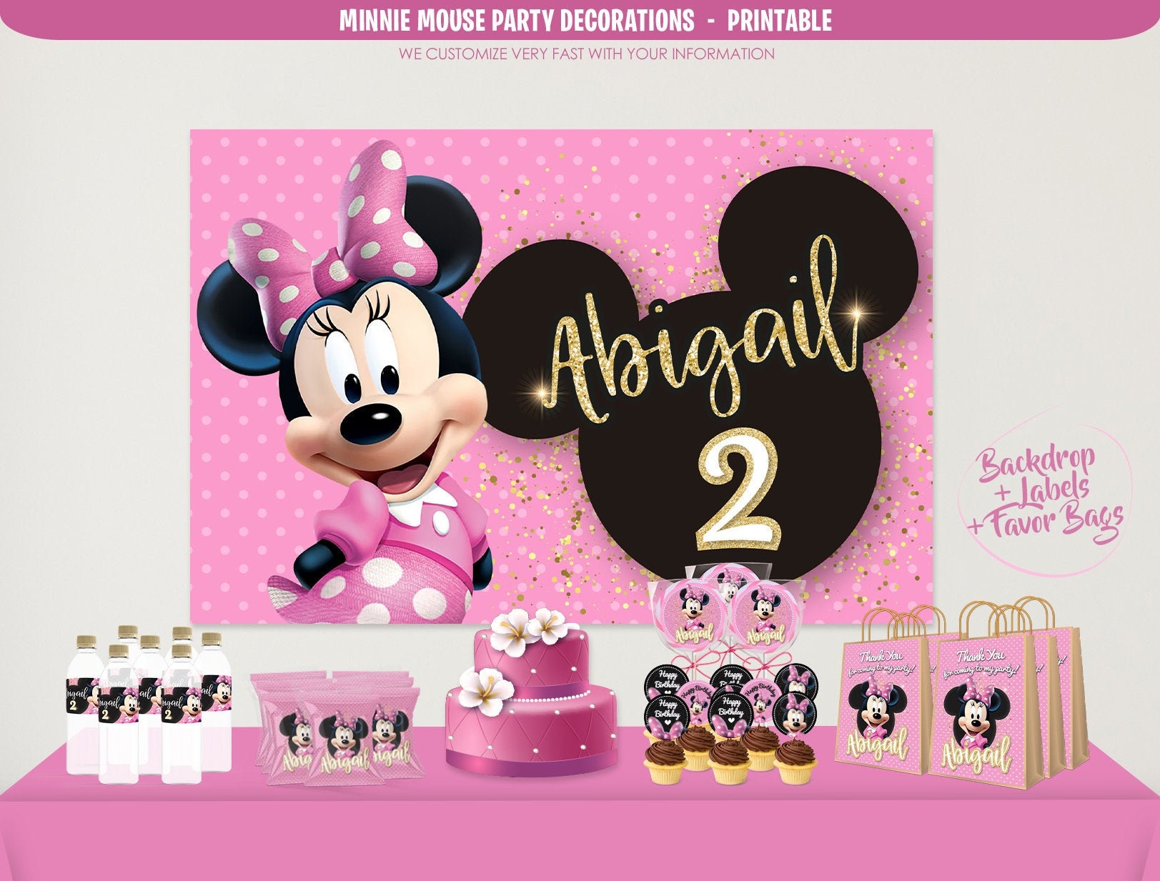 Minnie Mouse Birthday Decorations, Backdrop Minnie Mouse Birthday Banner,  Minnie Mouse Party Decorations Printable, Pink Minnie Mouse 