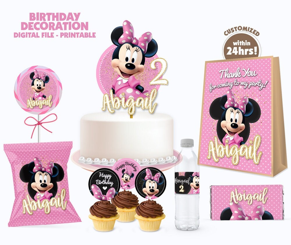 Decorazione di compleanno Minnie Mouse, Topper per torte Minnie Mouse  stampabile, Forniture per feste Minnie, Etichetta bottiglia Minnie Mouse,  Sacchetti bomboniera Minnie -  Italia