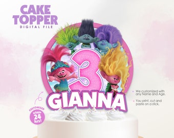 Trolls 3 cake topper birthday, trolls band together movie custom name and age, Trolls 3 decoration birthday party - Digital File