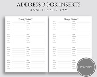 address book printable planner inserts personal and business etsy