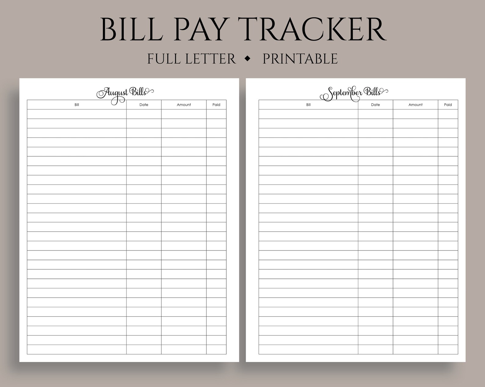 Monthly Bill Pay Tracker Printable Planner Inserts Budget