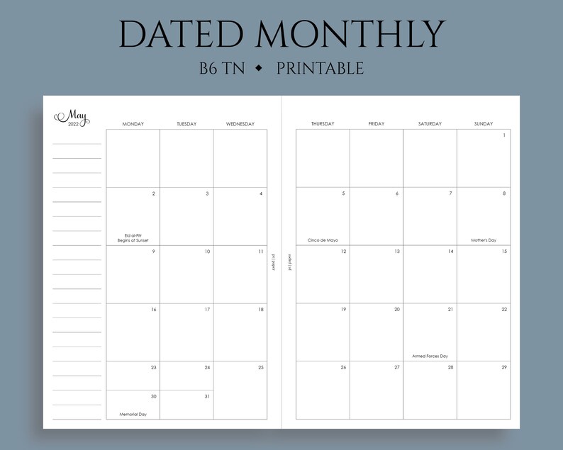 2022 dated monthly calendar printable planner inserts monday etsy