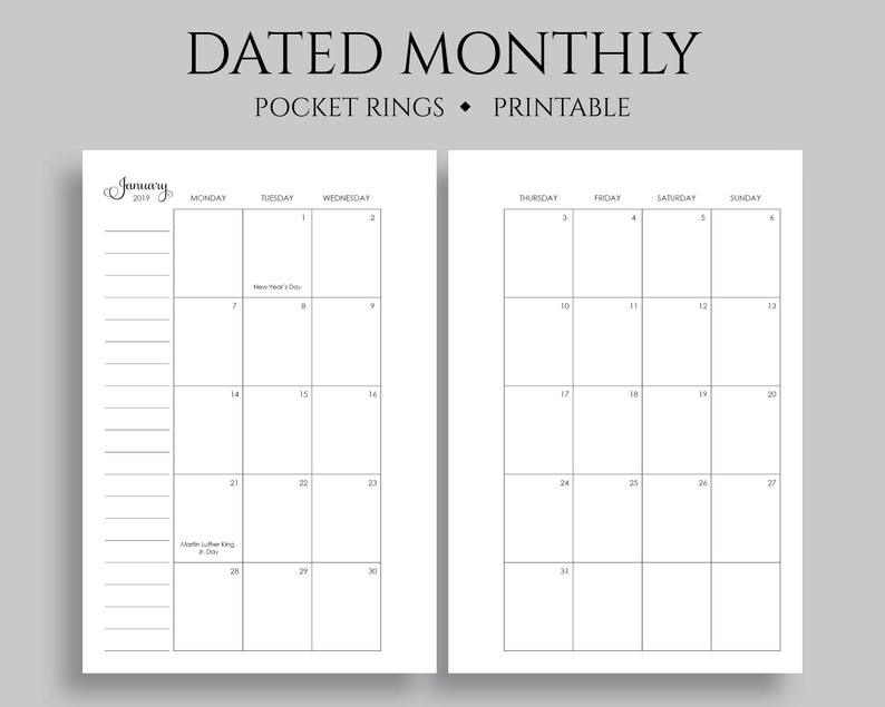 2019 Dated Every month Calendar Printable Planner Inserts, Monday Start off, MO2P, U.S. Vacations ~ Pocket Rings / 3.2\ photograph regarding Printable Pocket Calendar called 2019 Dated Every month Calendar Printable Planner Inserts, Monday Get started, MO2P, U.S. Vacations ~ Pocket Rings / 3.2\