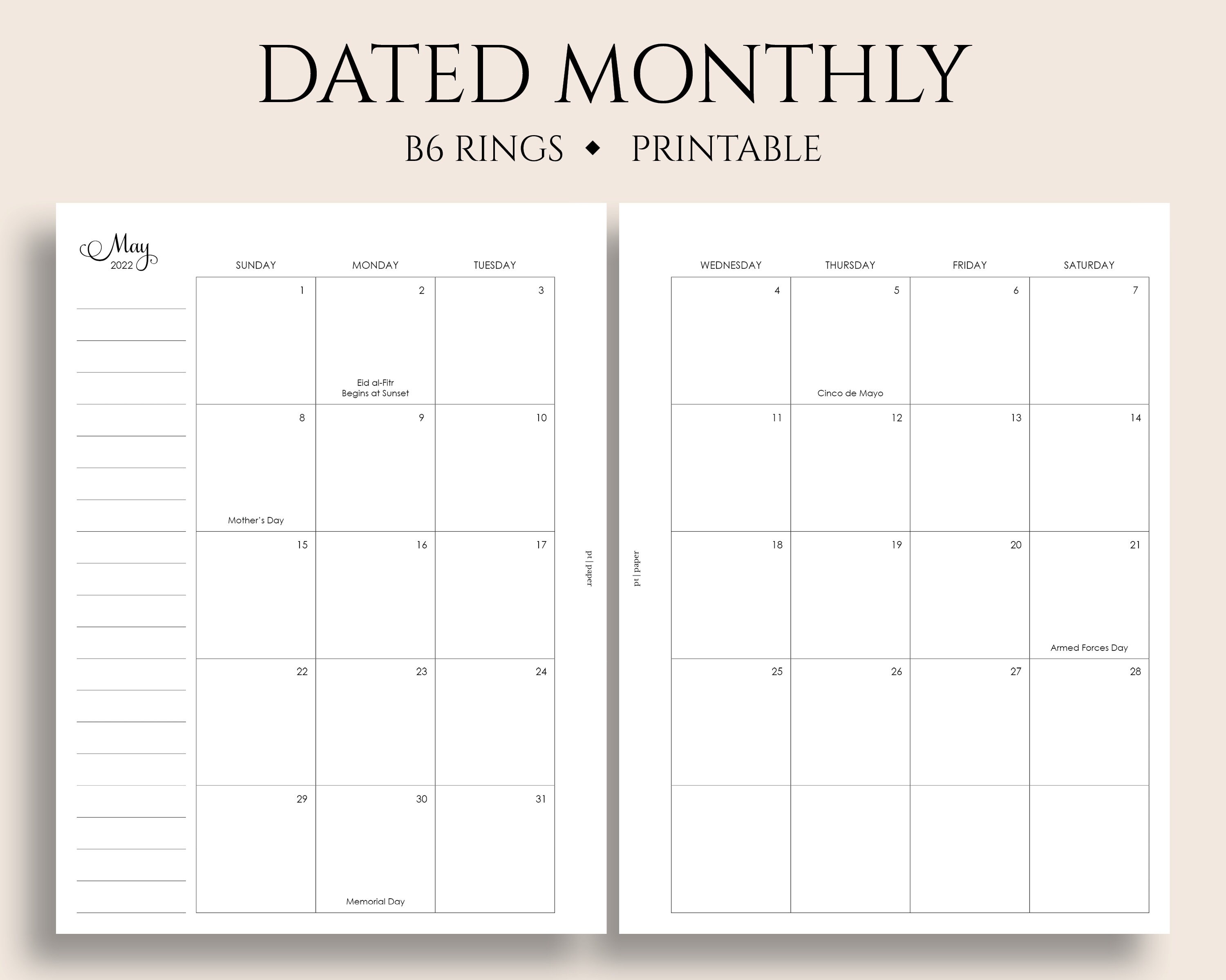 2022 dated monthly calendar printable planner inserts sunday etsy