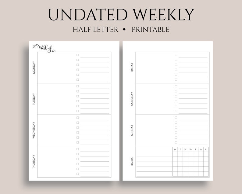 undated weekly printable planner inserts horizontal wo2p etsy