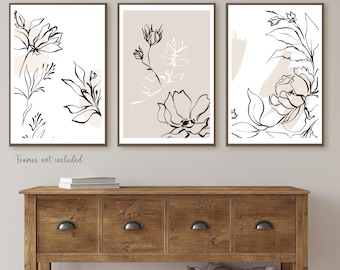 Set of 3 Beige Prints, Floral Pictures, Neutral Botanical Posters, Minimalist Line Wall Art Prints, Living Room Posters, Bedroom Decor