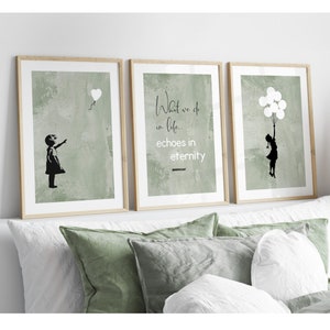 Juego de 3 láminas de Banksy, arte mural de Banksy, lámina de Banksy verde salvia, imágenes de Banksy, láminas de Banksy "Globo Girl", láminas para salón y dormitorio.