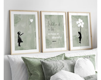 SET OF 3 Banksy Prints, Banksy Wall Art, Sage Green Banksy Print, Banksy Pictures, Balloon Girl Banksy Prints, Living Room, Bedroom Prints