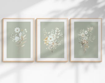 SET OF 3 UNFRAMED Sage Green Floral Prints, Botanical Wall Art Prints, Living Room Posters, Green Bedroom Flower Pictures