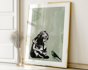 Banksy Print Sage Green Wall Art Trendy Home Print Wall Art Aesthetic Green Bedroom Print Banksy Bird Poster Green Living Room Art