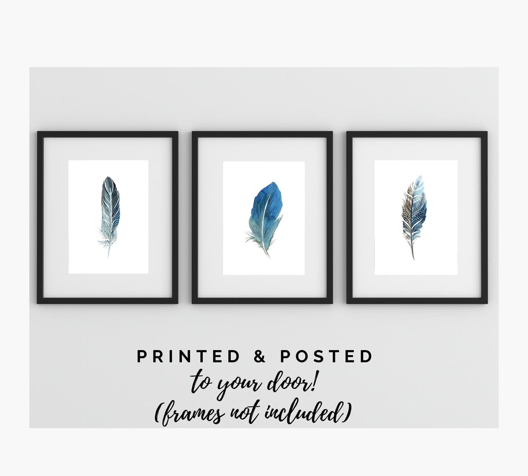 Feather Prints Botanical Blue Feather Wall Art Living Room Etsy UK
