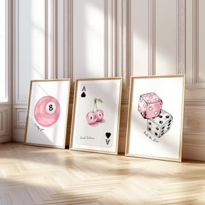 SET OF 3 Pink Lucky 8 Ball Prints Cherries Prints Lucky Dice Ace Of Hearts Playing Card Wall Art Trendy Pictures Retro Posters Pink Wall Art