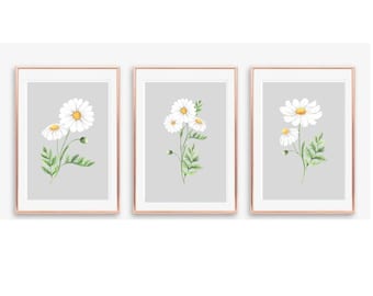 Grey Wall Art, Daisy Prints, Watercolour Floral Prints, Bedroom Wall Art, Kitchen Prints, Living Room Prints, SET of 3 Wall Art