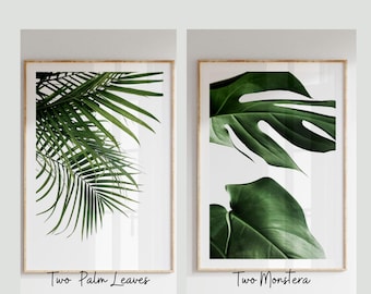 May include: Two framed prints with a white background and green tropical leaves. The print on the left features two palm leaves and the text "Two Palm Leaves". The print on the right features two monstera leaves and the text "Two Monstera".