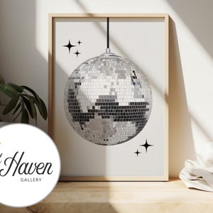 Retro Disco Ball Poster, Mirror Ball Wall Art, Vintage 70's Style Decor, Trendy Print, Silver Disco Print, Black And White Wall Art image 4