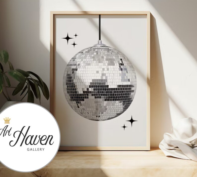 Retro Disco Ball Poster, Mirror Ball Wall Art, Vintage 70's Style Decor, Trendy Print, Silver Disco Print, Black And White Wall Art image 4