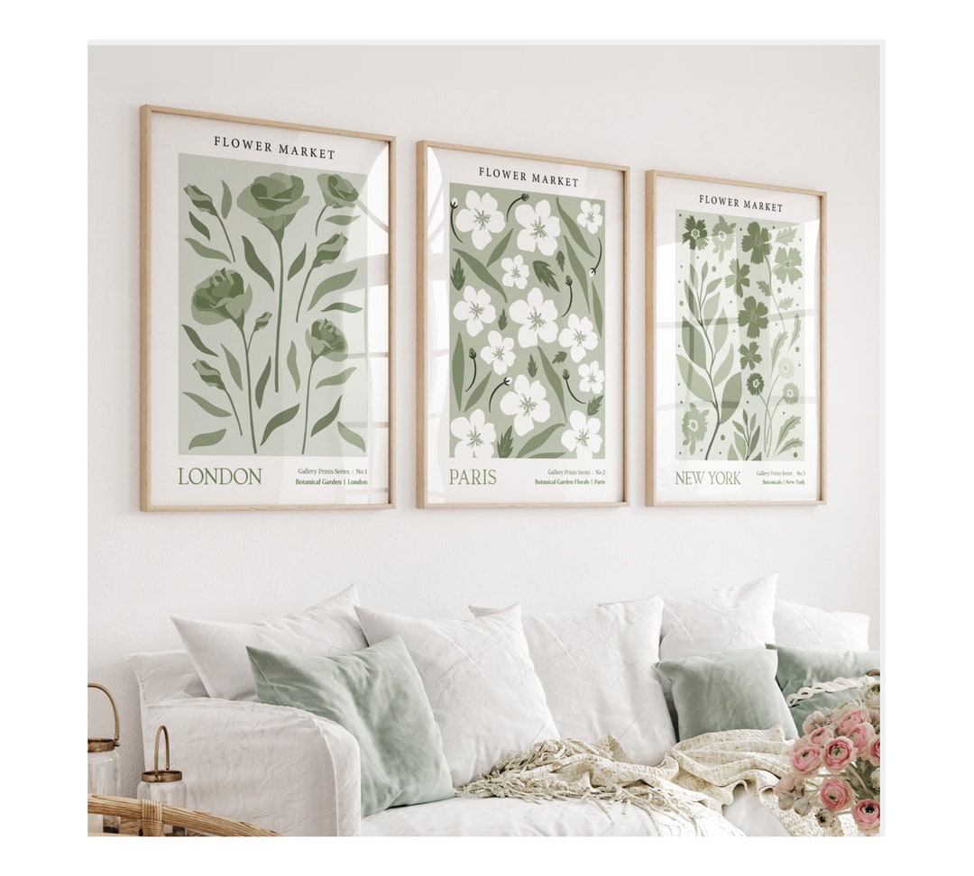 SET OF 3 UNFRAMED Flower Market Prints, Sage Green Botanical Wall Art ...