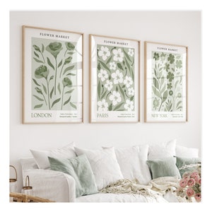 SET OF 3 UNFRAMED Flower Market Prints, Sage Green Botanical Wall Art Prints, Flower Market Living Room Posters, Green Floral Pictures