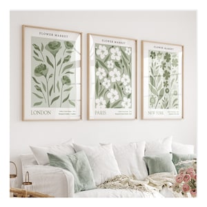 Juego de 3 láminas sin marco con temática de mercado floral, láminas botánicas de pared en verde salvia, pósteres de mercado floral para salón, imágenes florales verdes.