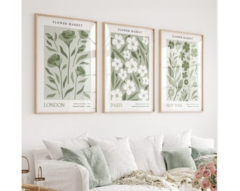 SET OF 3 UNFRAMED Flower Market Prints, Sage Green Botanical Wall Art Prints, Flower Market Living Room Posters, Green Floral Pictures