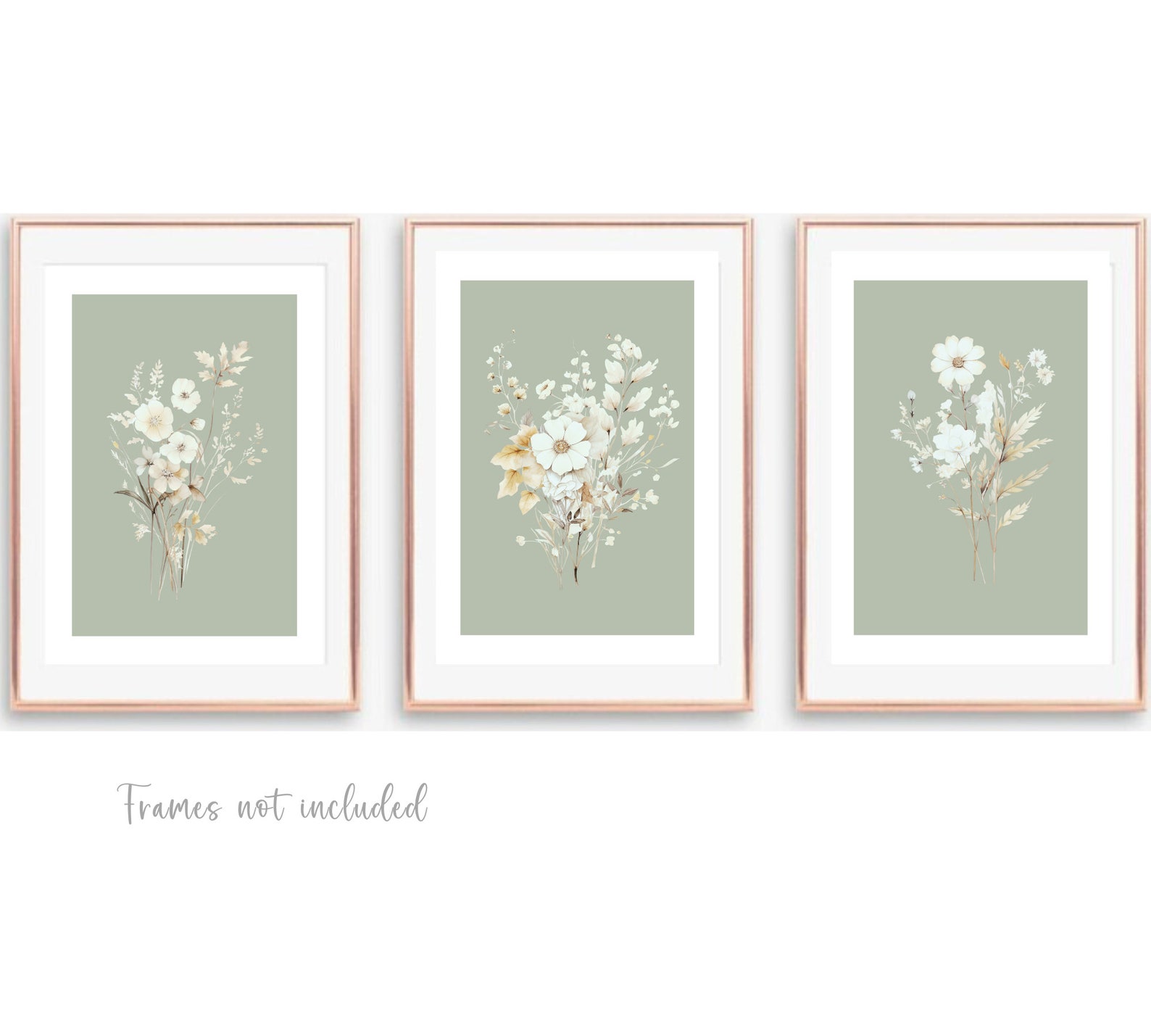 SET OF 3 UNFRAMED Sage Green Floral Prints, Botanical Wall Art Prints ...