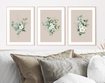SET OF 3 UNFRAMED Sage Green Floral Prints, Beige and Green Botanical Wall Art Prints, Living Room Posters, Green Bedroom Flower Pictures