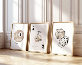 Juego de 3 impresiones beige de la bola 8 de la suerte, impresiones de cerezas, dados de la suerte, as de corazones, naipes, arte de pared, imágenes modernas, arte de pared beige retro