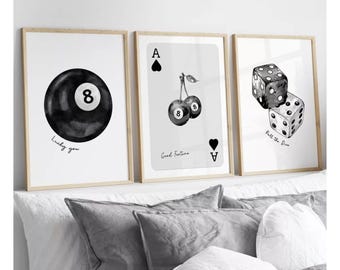 Juego de 3 pósteres con estampado de la bola 8 de la suerte, cerezas, dados de la suerte, as de corazones, cartas de juego, arte de pared, imágenes modernas, pósteres retro, arte de pared preppy.