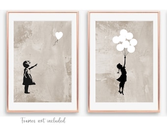 SET OF 2 Banksy Prints, Banksy Wall Art, Banksy Print, Banksy Pictures, Living Room Prints, Neutral Wall Art, Home Bedroom Decor
