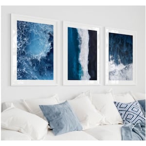 SET OF 3 Beach Prints, Navy Blue Ocean Photography, Nautical Wall Art, Sea Prints, Waves Poster, Beach Pictures,