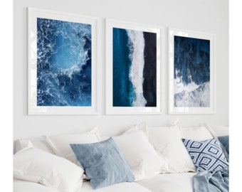 SET OF 3 Beach Prints, Navy Blue Ocean Photography, Nautical Wall Art, Sea Prints, Waves Poster, Beach Pictures,