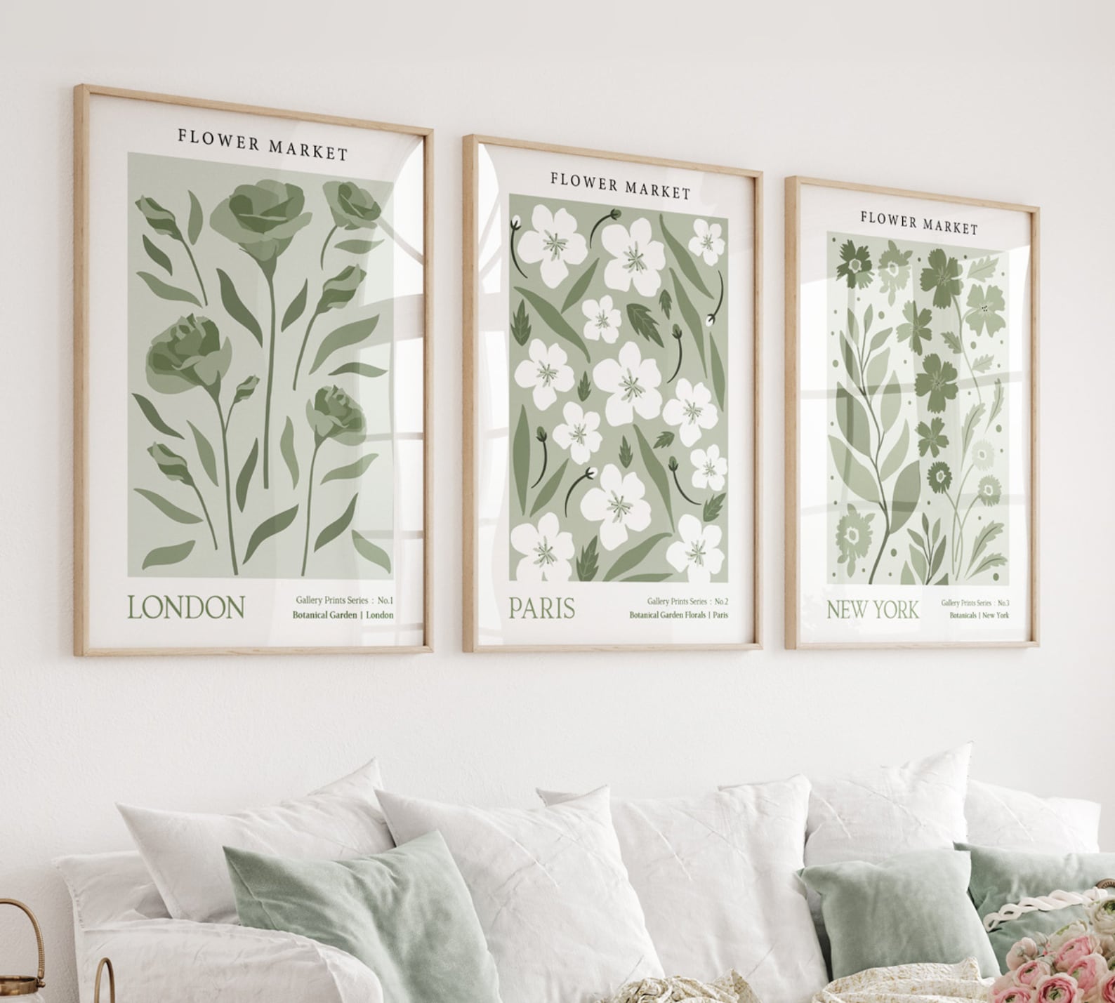 SET OF 3 UNFRAMED Flower Market Prints, Sage Green Botanical Wall Art ...
