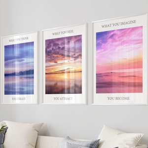 Law of Attraction Prints, Beach Posters, SET OF 3 unframed Sunset Manifestation Prints, Positive Quotes, Inspirational Spiritual Prints