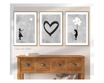 Arte de pared gris SET DE 3 impresiones de niña con globos grises para sala de estar, dormitorio, imágenes grises